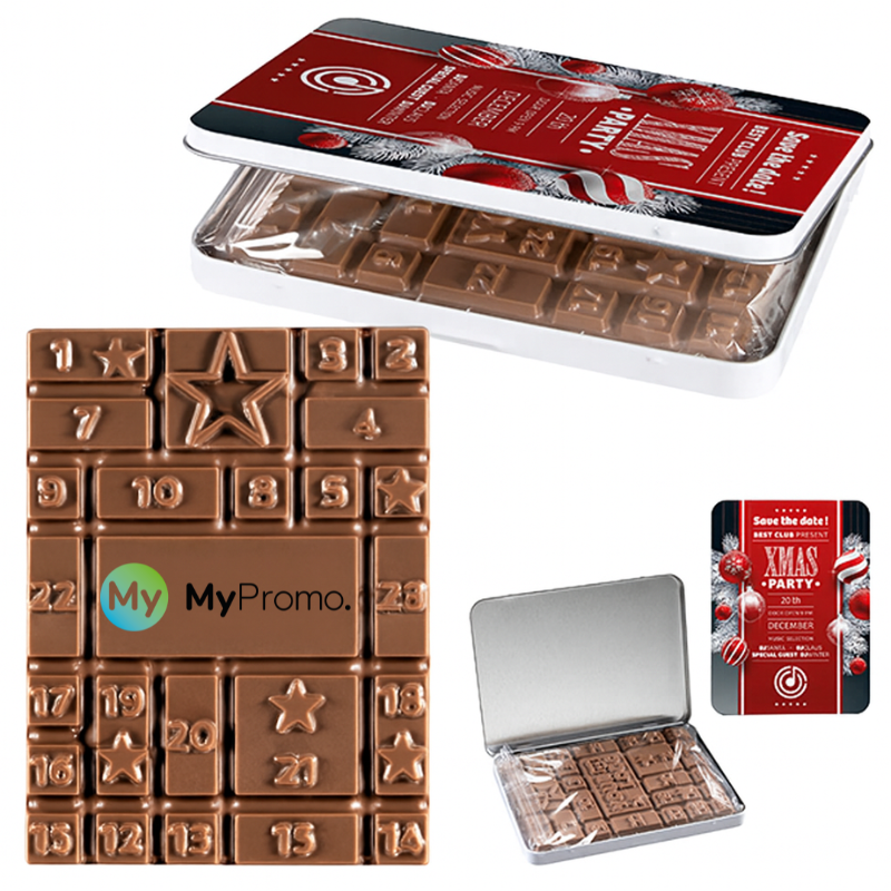 Boîte avec logo tablette de chocolat | 11,20 × 8,49 × 0,70 cm | Calendrier de l’avent | 24 morceaux sécables